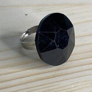 Jet Black Faceted Oval Acrylic Silver Tone Adjustable Band Ring